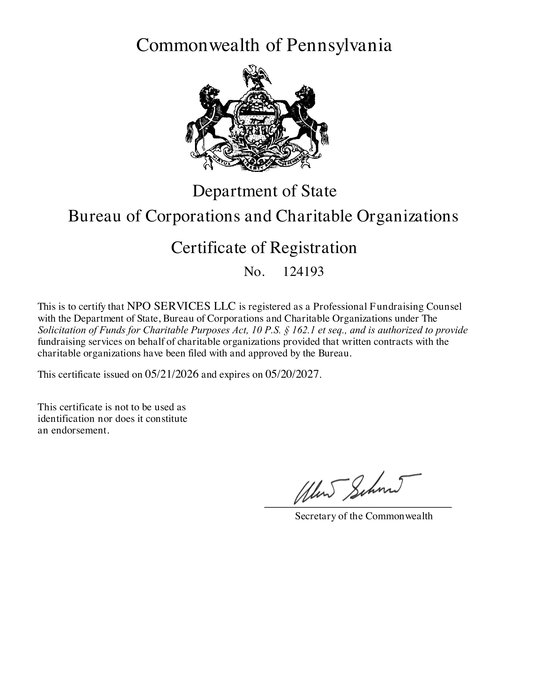 Pennsylvania Professional Fundraising Counsel Certificate of Registration